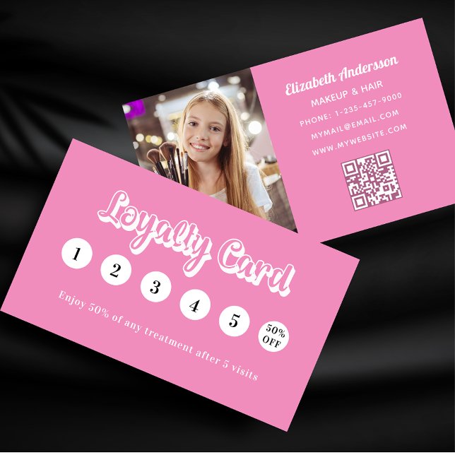 Pink white qr code photo makeup loyalty card (Creator Uploaded)