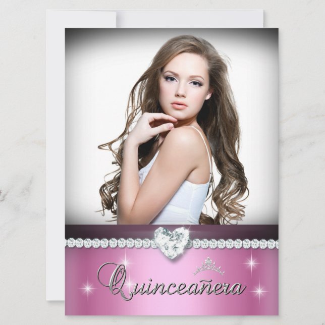 Pink White Quinceanera 15 Faux Diamond Photo Invitation (Front)