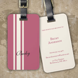Pink White Racing Stripes Elegant Name Luggage Tag