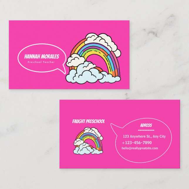 Pink White Rainbow Illustrative Preschool Teacher Business Card (Front/Back)
