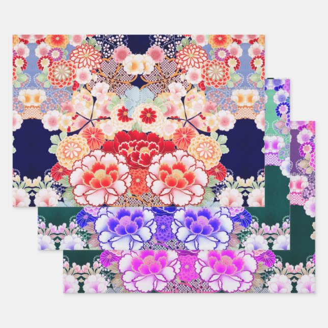 PINK WHITE RED FLOWERS Peony,Roses Japanese Floral Wrapping Paper Sheet (Set)
