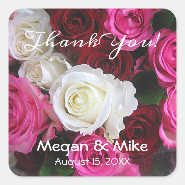Pink White Red Roses Bouquet, DIY Names & Date Square Sticker (Front)