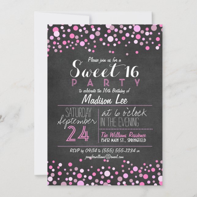 Pink & White Retro Chalkboard Sweet 16 Party Invitation (Front)