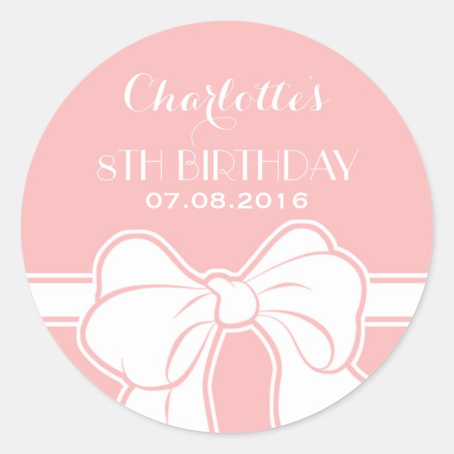 Pink White Ribbon Bow Girl Birthday Party Sticker (Front)