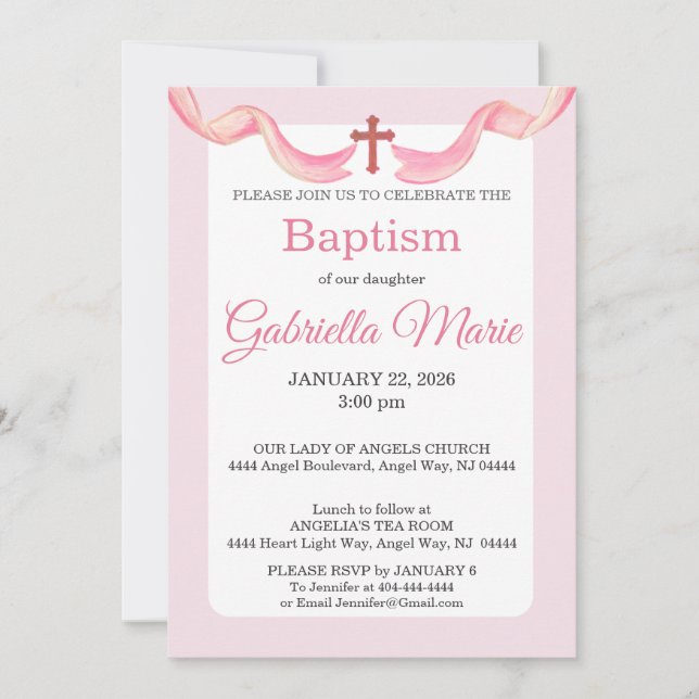 Pink & White Ribbon Cross Watercolor Baptism Invitation (Front)