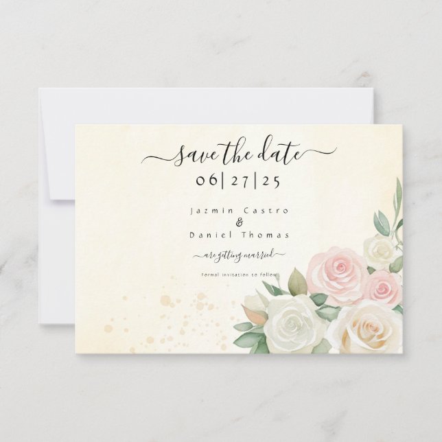 Pink & White Rose Blooms Flat Save The Date Card (Front)