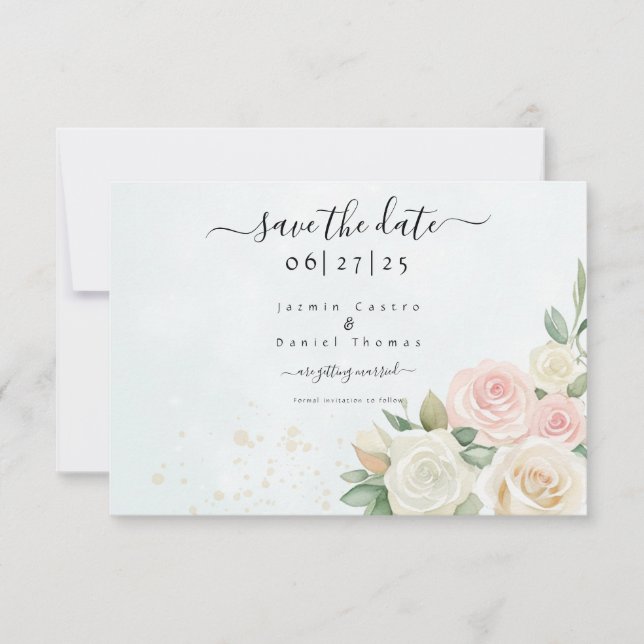 Pink & White Rose Blooms Flat Save The Date Card (Front)