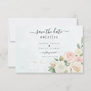 Pink & White Rose Blooms Flat Save The Date Card