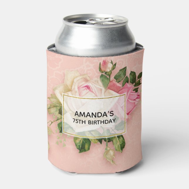 Pink & White Rose Bouquet Birthday Can Cooler (Can Front)