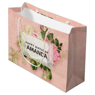 Pink & White Rose Bouquet Birthday Large Gift Bag