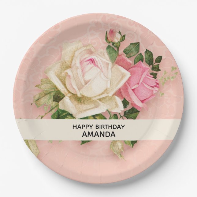 Pink & White Rose Bouquet Birthday Paper Plate (Front)