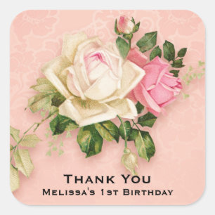 Pink & White Rose Bouquet Birthday Square Sticker