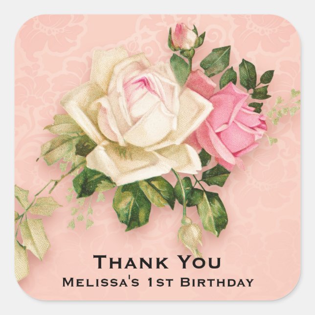 Pink & White Rose Bouquet Birthday Square Sticker (Front)