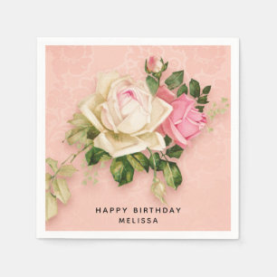 Pink & White Rose Bouquet Elegant Birthday Napkin