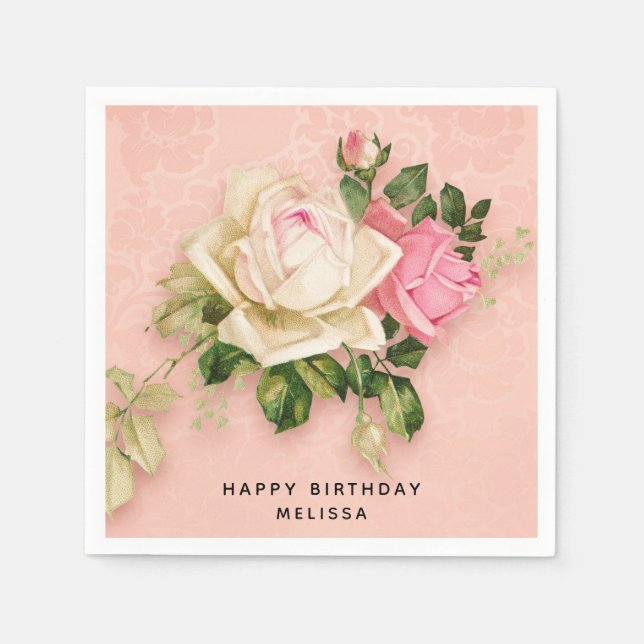 Pink & White Rose Bouquet Elegant Birthday Napkin (Front)