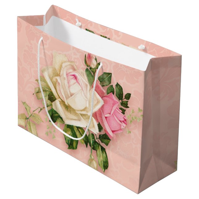 Pink & White Rose Bouquet Large Gift Bag (Front Angled)