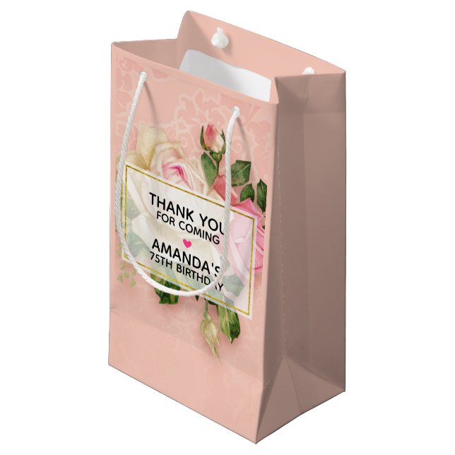 Pink & White Rose Bouquet Thank You Small Gift Bag (Front Angled)