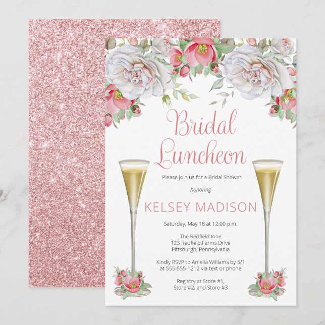 Pink White Rose Floral Blooms Bridal Luncheon Invitation (Front/Back)