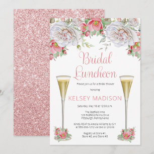 Pink White Rose Floral Blooms Bridal Luncheon Invitation