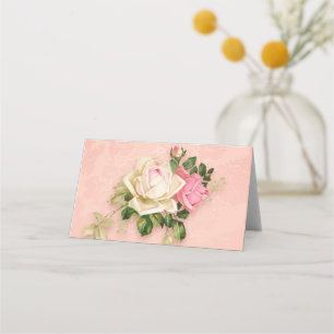 Pink & White Rose Floral Bouquet Place Card