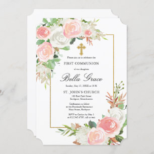 Pink White Rose Floral First Holy Communion Invitation