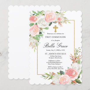 Pink White Rose Floral First Holy Communion Invitation