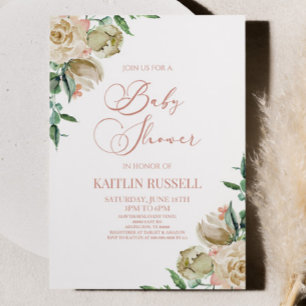 Pink White Rose Floral Flowers Baby Shower  Invitation