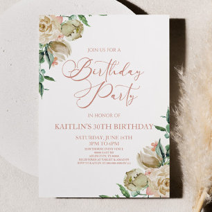 Pink White Rose Floral Flowers Birthday Party Invitation