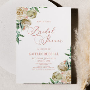 Pink White Rose Floral Flowers Bridal Shower  Invitation