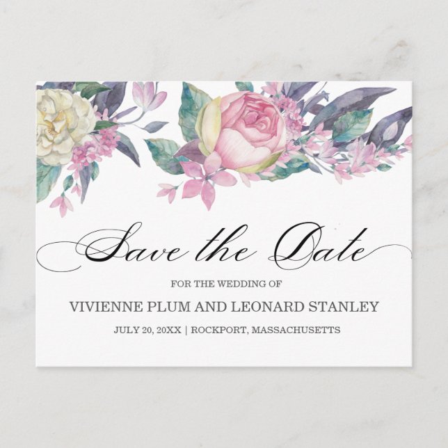 Pink White Rose Floral Save the Date Postcard (Front)