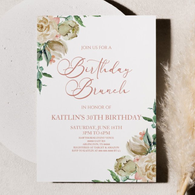 Pink White Rose Flowers Birthday Brunch Party Invitation (Creator Uploaded)