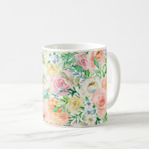 Pink White Rose Flowers & Green Leaves Coffee Mug