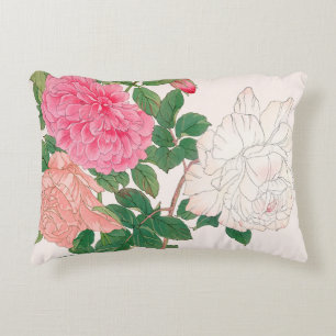 Pink & White Rose Flowers with Green Leaves Decorative Cushion