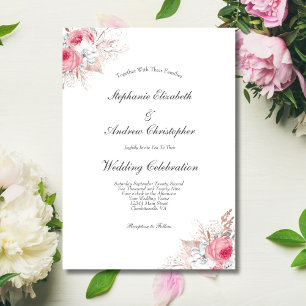 Pink White Rose Gold Floral Botanical Wedding  Invitation