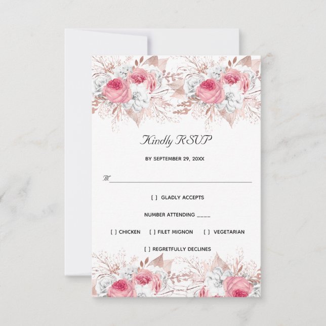 Pink White Rose Gold Floral Formal Elegant Wedding RSVP Card (Front)