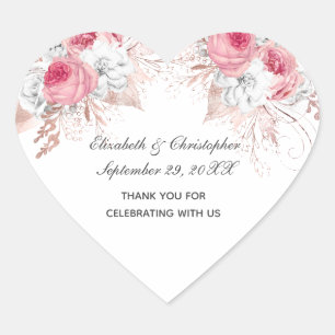 Pink White Rose Gold Floral Trendy Wedding Favour Heart Sticker