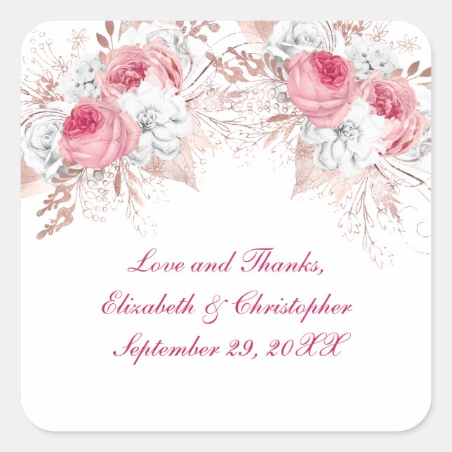 Pink White Rose Gold Floral Trendy Wedding Square Sticker (Front)