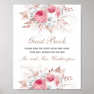 Pink White Rose Gold Floral Wedding Guest Book