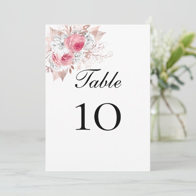 Pink White Rose Gold Floral Wedding Table Numbers (Standing Front)