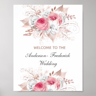 Pink White Rose Gold Floral Wedding Welcome Sign