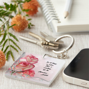 Pink/White Rose Key Chaiñ Quote Aristotle Key Ring