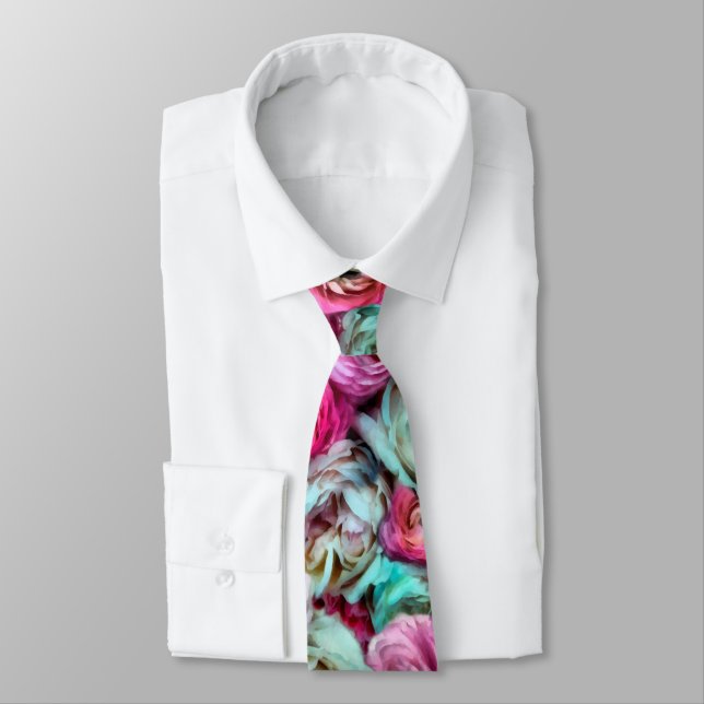 Pink & White Rose & Peony Flowers Tie (Tied)