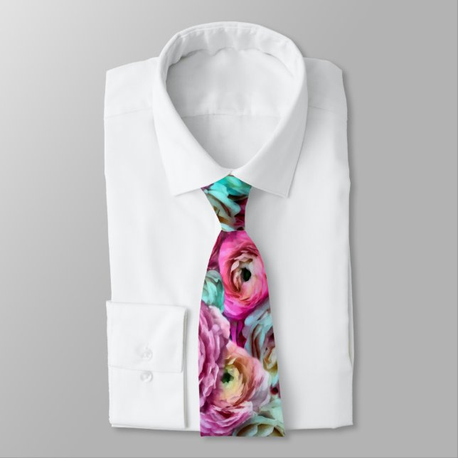 Pink & White Rose & Peony Flowers  Tie (Tied)