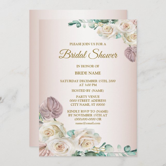 Pink White Rose Watercolor Greenery Bridal Shower Invitation (Front/Back)