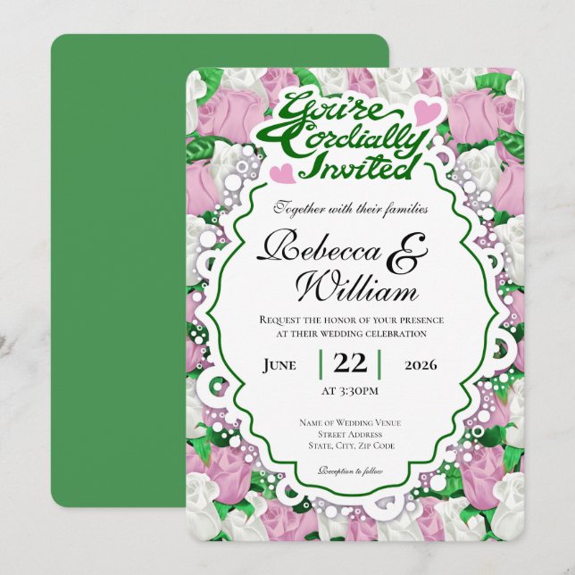 Pink & White Rose Wedding Invite - Green Letters 2 (Front/Back)