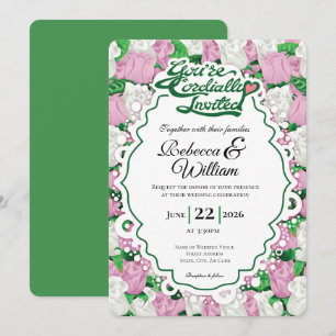 Pink & White Rose Wedding Invite - Green Letters 2