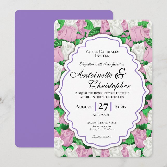 Pink & White Rose Wedding Invite - Purple Border (Front/Back)