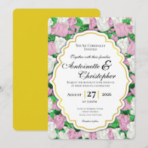 Pink & White Rose Wedding Invite with Gold Border
