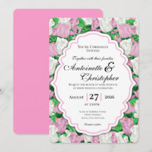 Pink & White Rose Wedding Invite with Pink Border