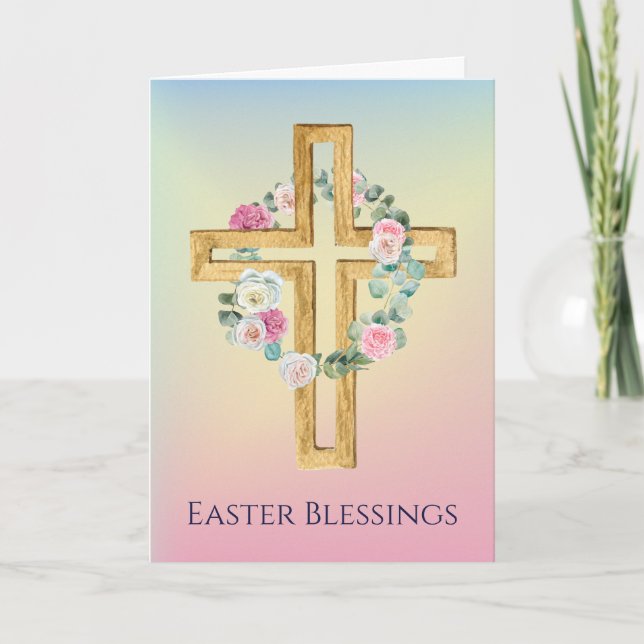 Pink White Rose Wreath Wooden Cross Easter Card (Front)